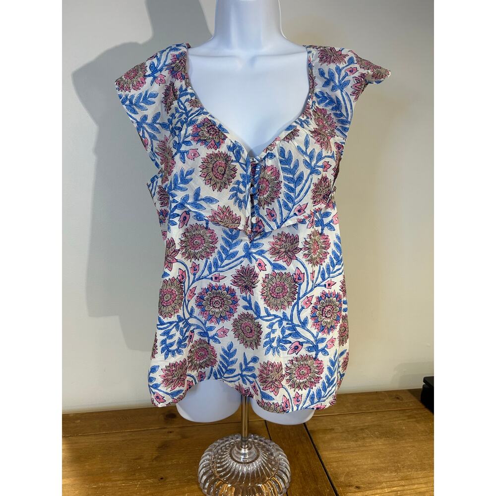J Crew NWT Sz M V-neck Top Floral Block Print Ruffled Neckline Summer Garden